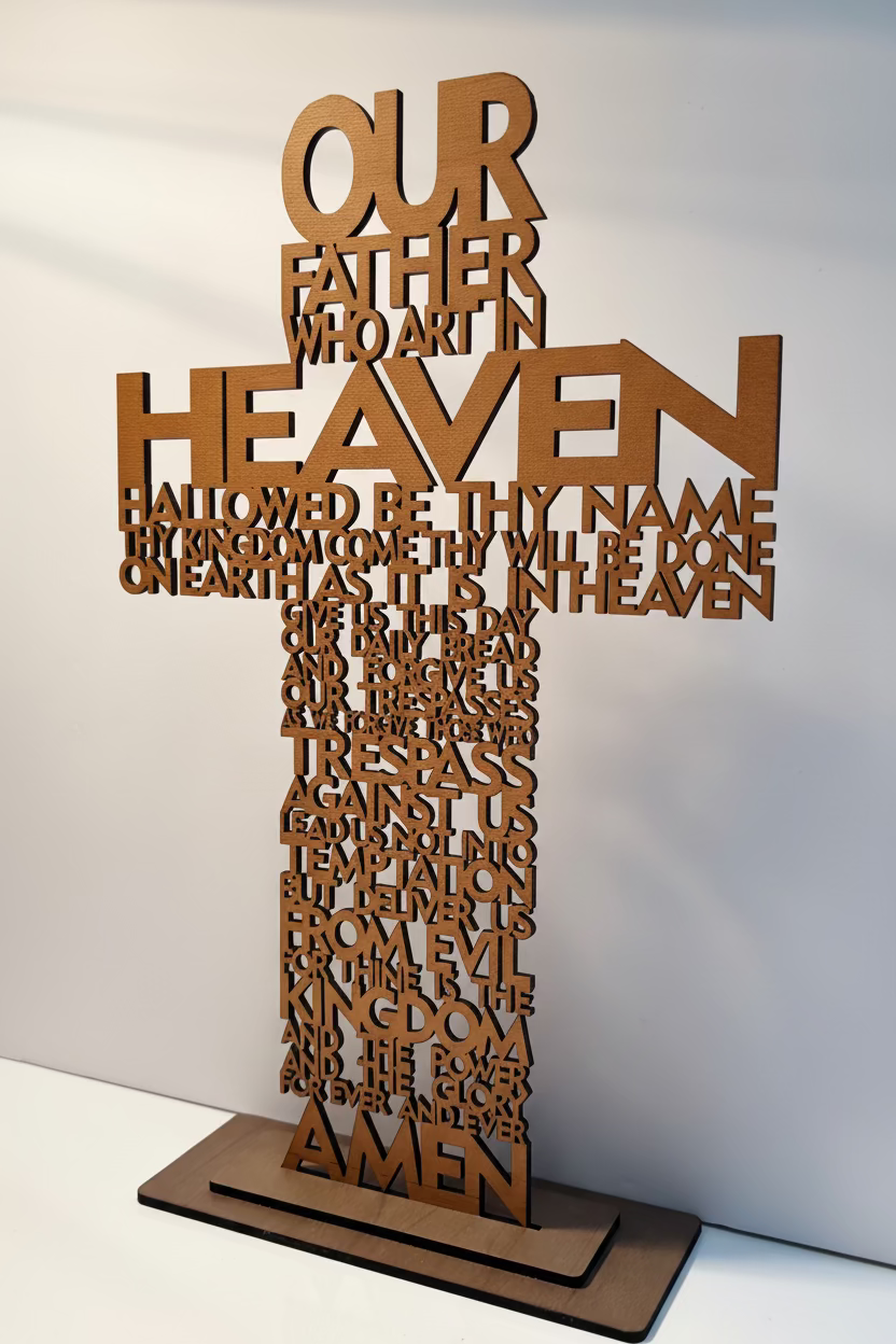 Croix sur pied en bois gravée "Our Father"