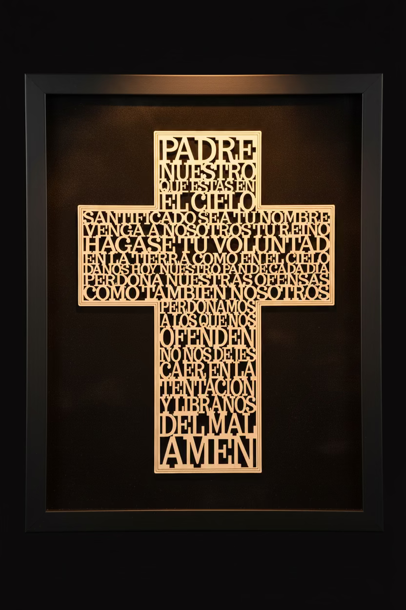 Croix murale en bois gravée "Padre Nuestro"